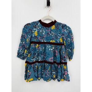 Polarn O. Pyret‎ Floral Velvet Trim Dress Girls 4-5Y Blue Bird Pear Botanical